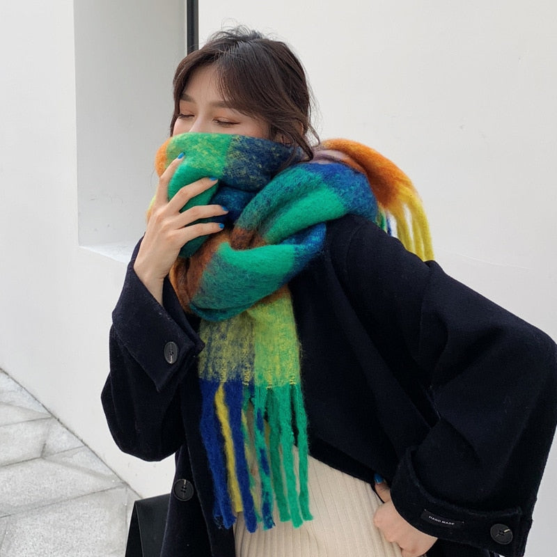 2020 Winter Cashmere Plaid Quasten Schal Love Thick Braid Rainbow Plaid Color Matching Schal Frauen