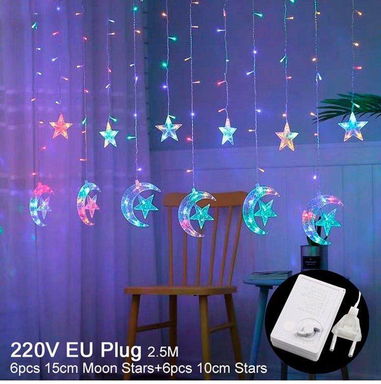 Eid Mubarak Star Moon Led Curtain Garland String Lights Ramadan Decoration Islam Muslim Party Decor Eid Al Adha Gifts Eid Lights