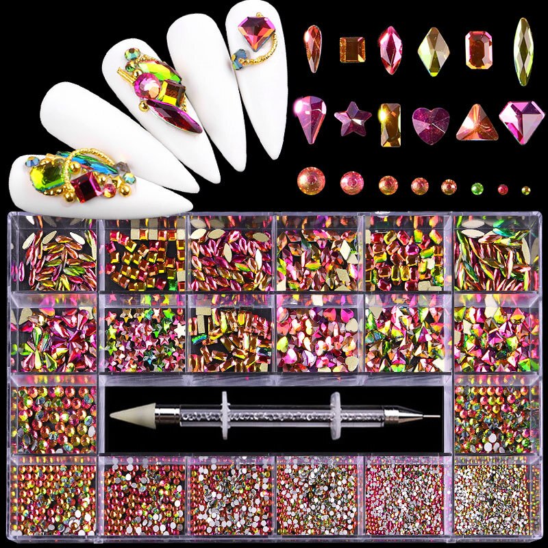 21 rejillas de cristales, diamantes, juego de diamantes de imitación para uñas, 3100 Uds., Kit de diamantes de imitación con reverso plano, arte de uñas brillante con 1 bolígrafo para decoraciones