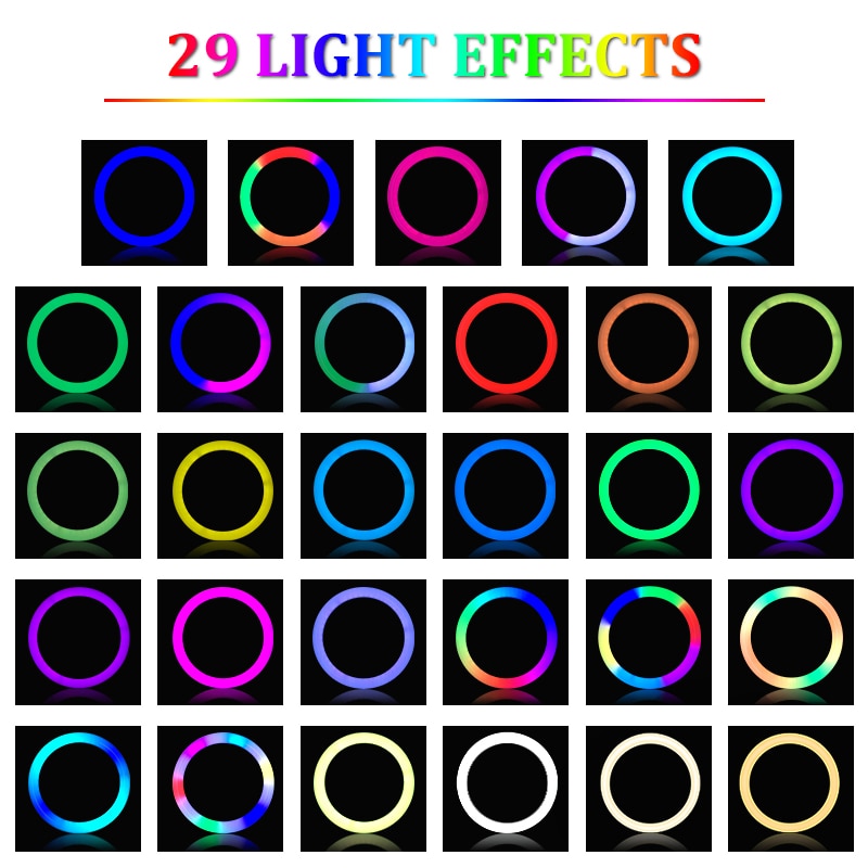 Anillo de luz Led RGB con soporte, iluminación colorida, 29 colores, 3 modos normales, Selfie regulable, anillo de luz de 10 pulgadas para vídeo de Youtube