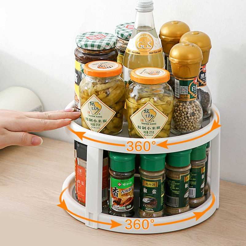 360° Rotating Seasoning Storage Rack 2 Layer Spice Salt Jars Tray Kitchen Space Saving Organizer Shelf Household Supplies Holder