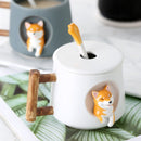 Lindo Animal de dibujos animados Shiba Inu Taza de cerámica hombres y mujeres creativos pareja con tapa cuchara agua potable taza de café