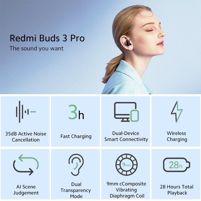 Versión Global Xiaomi Redmi Buds 3 Pro TWS auricular Bluetooth Redmi Airdots 3 Pro auricular inalámbrico ANC IPX4 para K40 Note 10 Pro
