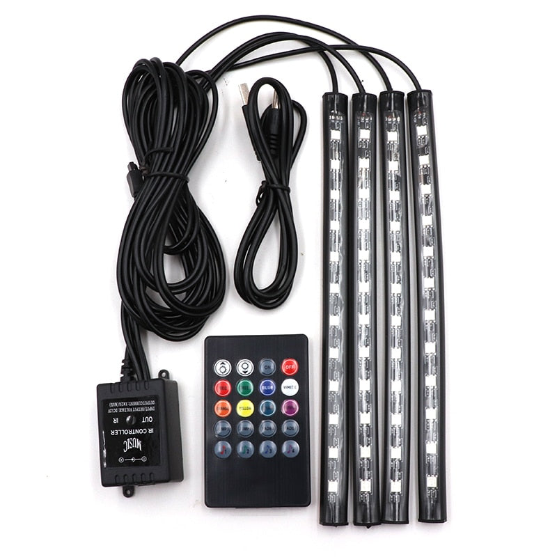 Luz LED para pie de coche, lámpara ambiental, aplicación USB, Control remoto de música, múltiples modos, luces decorativas interiores automotrices