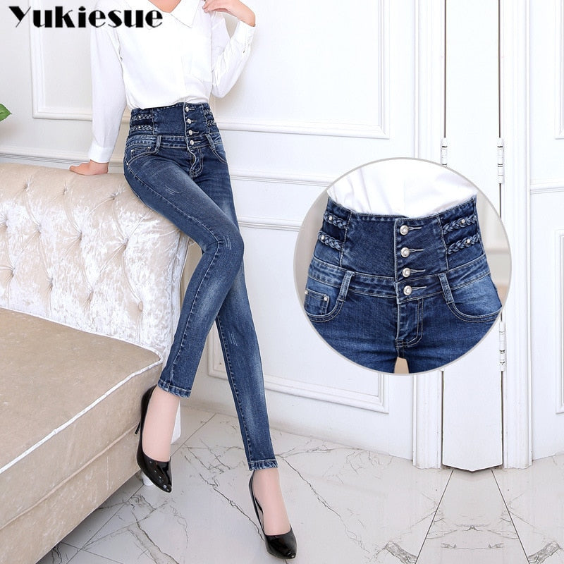 2022 autumn high waist winter warm thick ladies jeans woman button fly legging pencil pants jeans clothes stretch women jeans