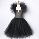 Solid Black Halloween Costumes Kids Girls Tutu Dress Ankle Length Dresses Devil Costume Cosplay Outfits Horns Wings