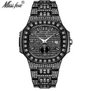 MISSFOX Luxury Men Watch Gold 18K Model Fully Paved Baguette Diamond Mens Watches Waterproof Calendar Male Clock Hours