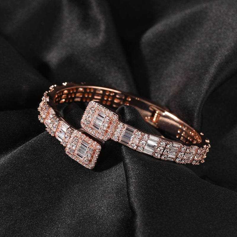 Baguette de circón cuadrado abierto personalizado para hombres, pulsera ajustable de lujo, CZ, THE BLING KING, envío directo