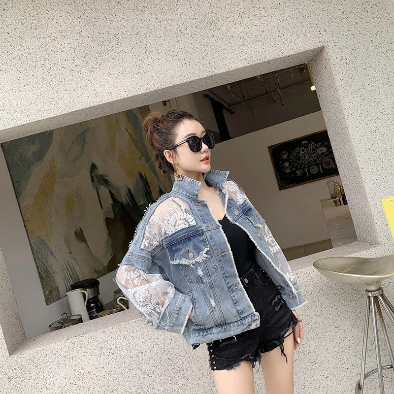 2020 Neue Sommer Langarm Große Größe Jeans Jacken Frauen Mantel Lose Spitze Nähte Perspektive Top Jacke Damen Denim Mantel