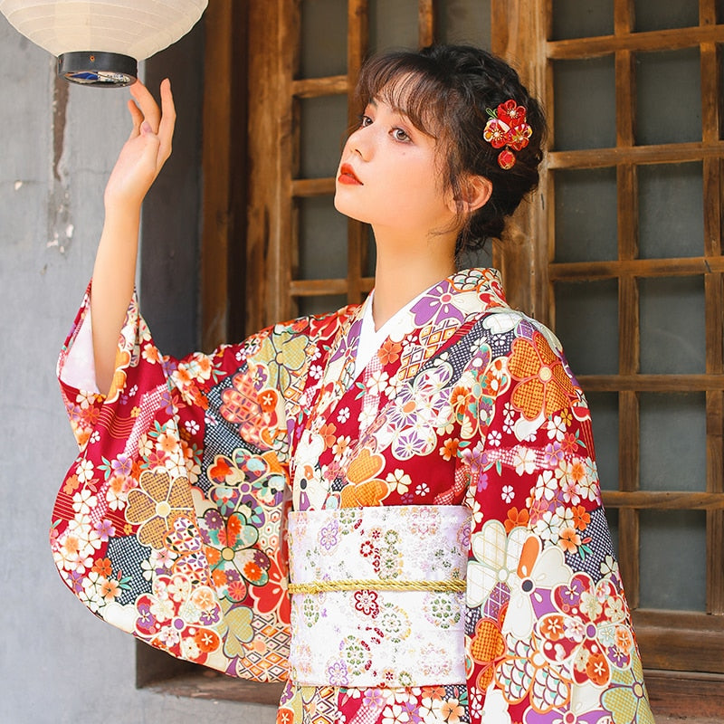 Kimono japonés tradicional rojo oscuro Yukata sensación ropa con Obi Halloween Cosplay niñas vestido
