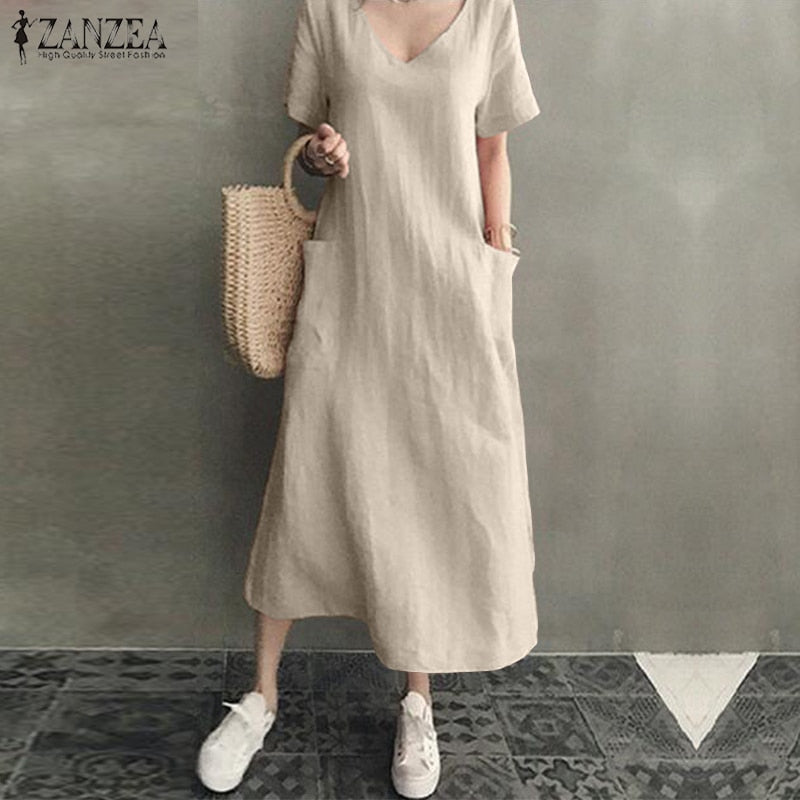 ZANZEA 2022 Women Long Maxi Summer Dress Casual Cotton Linen  Ladies Big Pockets Beach Party Robe Femme Vestidos