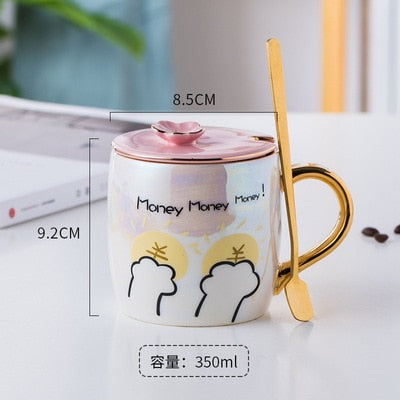 Taza de gato de cerámica de dibujos animados con tapa y cuchara, tazas de leche de café, taza de desayuno creativa bonita, regalo de cumpleaños de boda para el Día de San Valentín