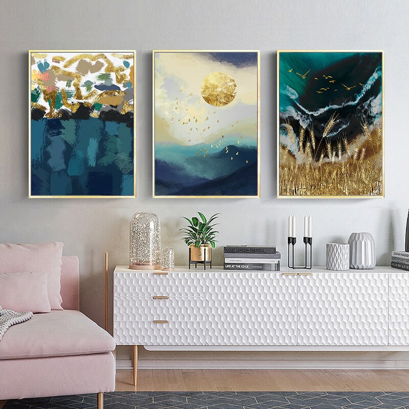 Campo de trigo, olas del sol, cartel de pared abstracto, lienzo de paisaje, pintura, arte moderno, cuadro decorativo para el hogar