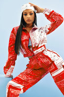 Zweiteiliges Set mit Bandana-Print, kausaler Paisley-Print, lange Ärmel, Reißverschlüsse, kurze Jacke, Oberteil, Jogger, Hose, Anzug, Outfit, Straße, Trainingsanzug