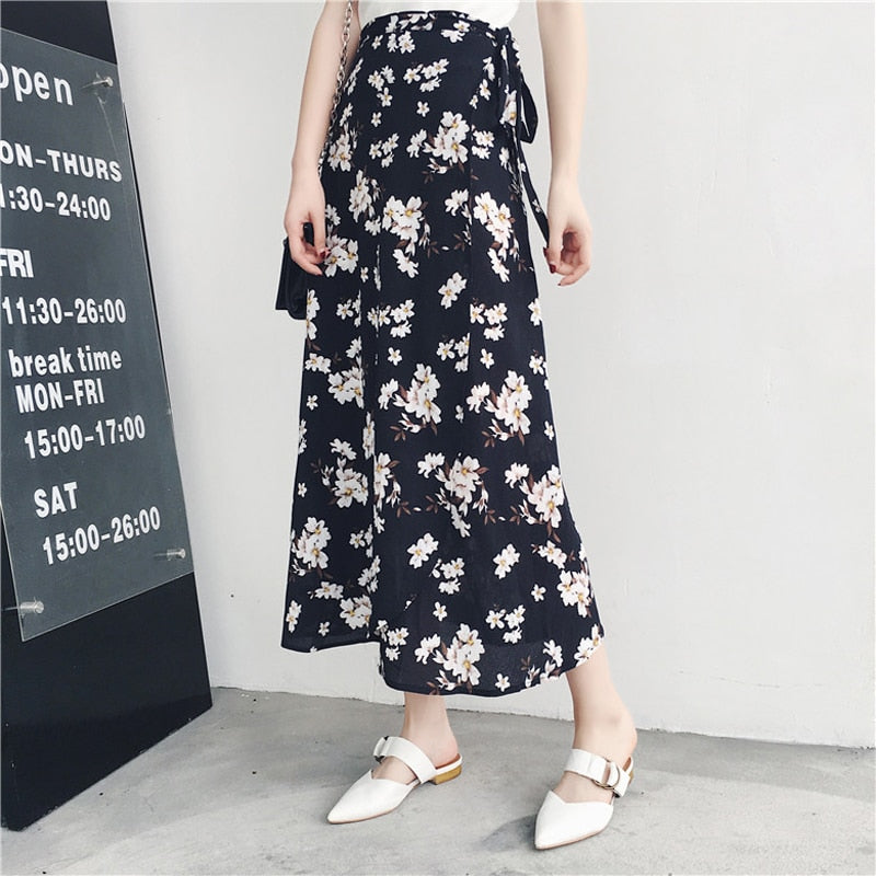 2021 Bohemian High Waist Floral Print Summer Skirts Womens Boho Asymmetrical Chiffon Skirt Maxi Long Skirts For Women