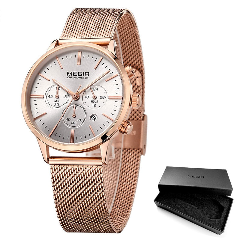 Megir Damen Chronograph Leuchtzeiger Datumsanzeige Edelstahl Mesh Armband Quarz Armbanduhren Lady Rose Gold M2011L-1