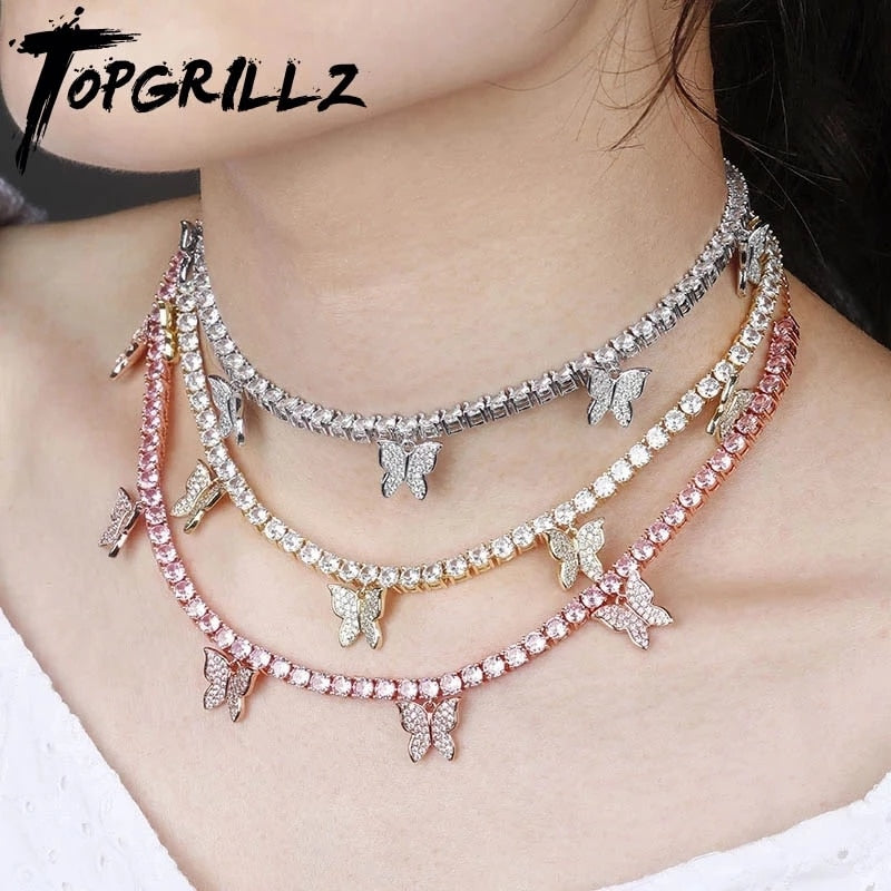 TOPGRILLZ Butterfly Chain  3/4MM Tennis Chain Choker Necklace Iced Out Cubic zircon Bling Hip Hop Charm  Jewelry For Men Women