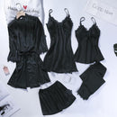 Lace Patchwork 5PCS Sleepwear Nightgown Kimono Bathrobe Gown Satin Lady Nighty&amp;Robe Suit Sexy Home Clothes White Wedding Robe