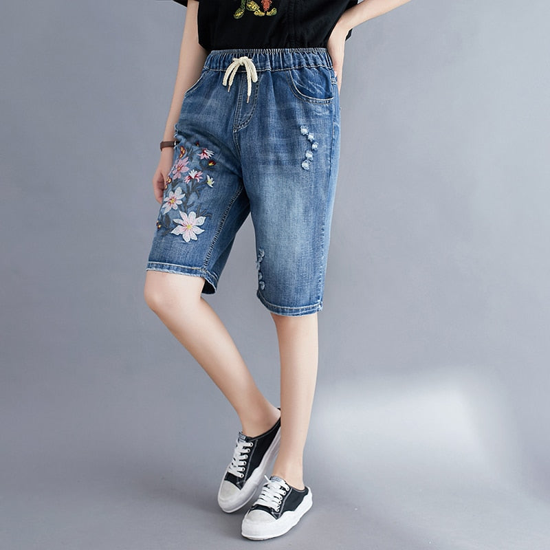 Women Summer Folk Style Elastic Waist Floral Embroidery Drawstring Ripped Shorts Female Office Lady Casual Loose Denim Short
