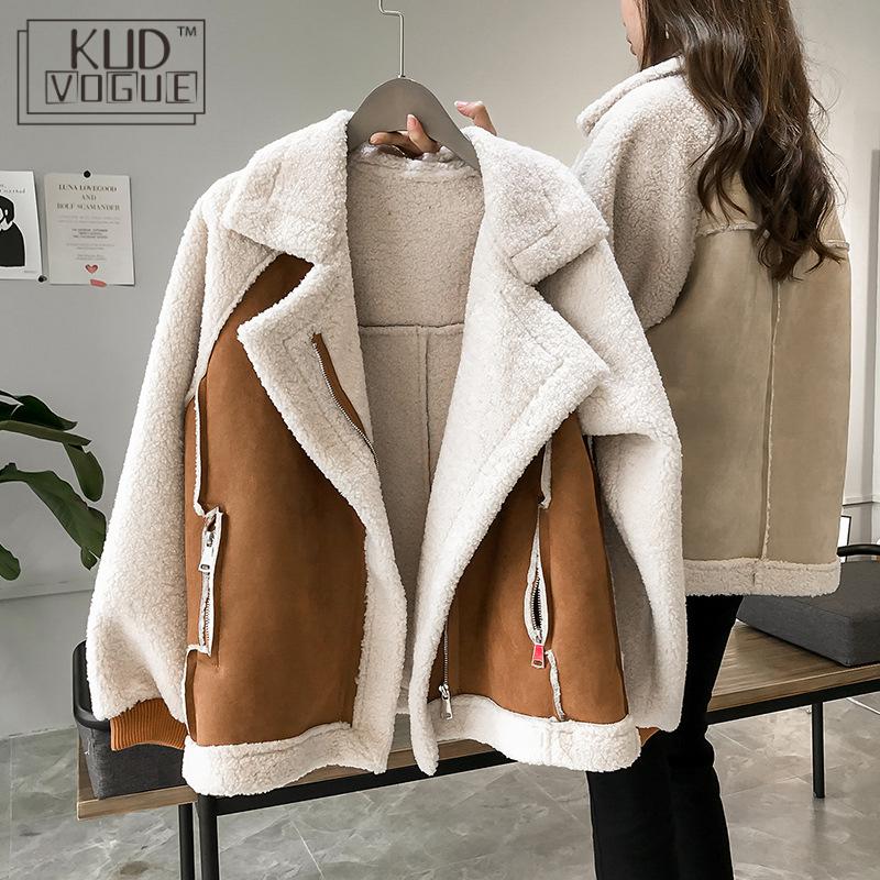 Women Winter Oversized Teddy Jacket Chic Faux Suede Fur Collar Coats Aviator Motorcycle Biker Jackets Female Lamb Wool Coat New