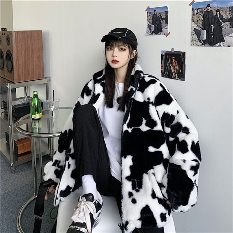 Korean Winter New Fashion Coat Harajuku Cows Printing Loose Full Sleeve Leather Jacket Vintage Flannel Keep Warm Cotton Clothes