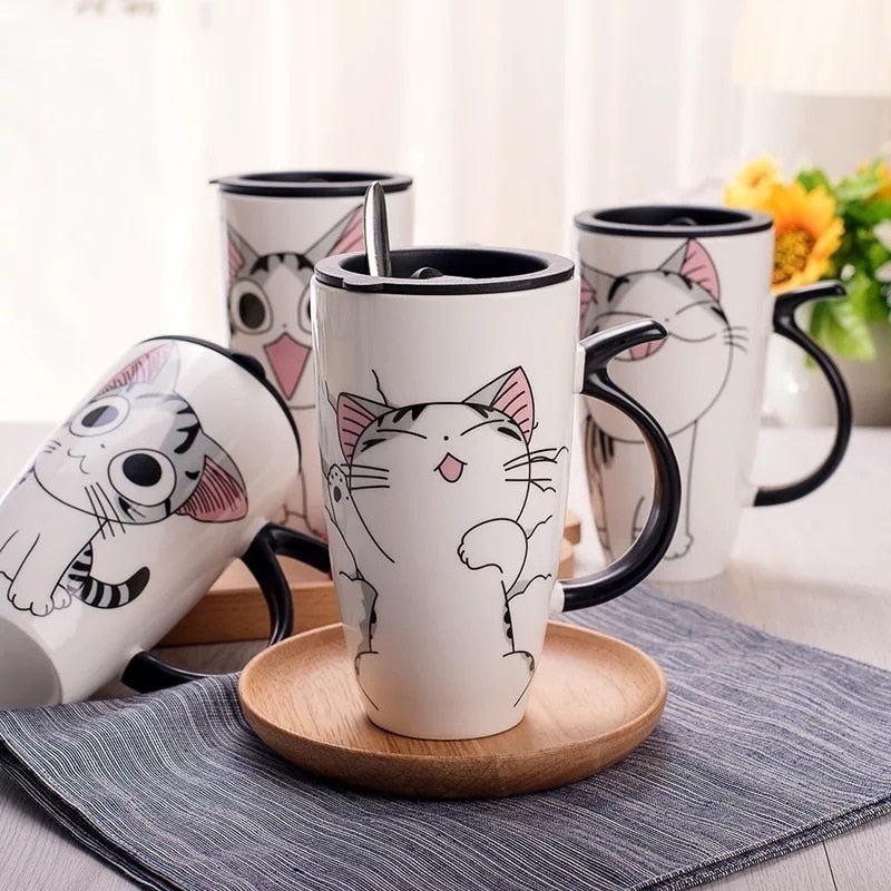 600ml Cute Cat Ceramics Coffee Mug With Lid Large Capacity Animal Mugs creative Drinkware Coffee Tea Cups Novelty Gifts milk cup