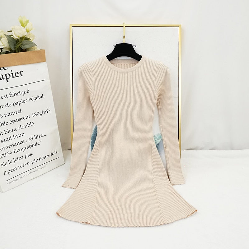 Nuevo vestido Vintage para Mujer Auutmn de invierno de manga larga ajustado una línea suéter corto Vestidos Eleagnt Ladies Knitted Robe Vestidos Mujer