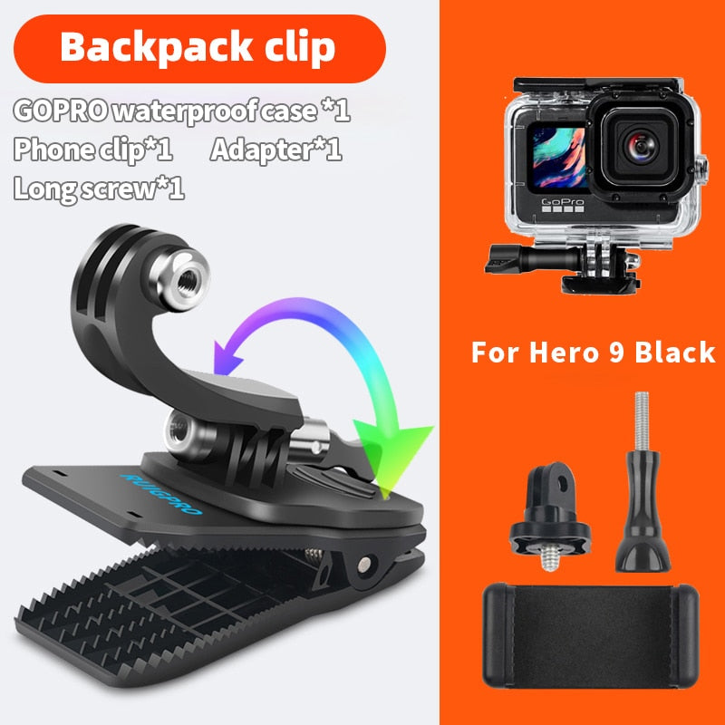 for Go Pro Accessories 360-Degree Rotation backpack bag Clip clamp For GoPro Hero11 10 9 8 7 6 5Xiaomi yi for SJCAM SJ4000 Phone