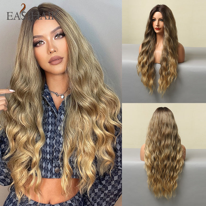 EASIHAIR Long Wavy Brown Synthetic Wigs With Blonde Highlights Cosplay Natural Hair Wigs High Temperature Fiber For Black Women