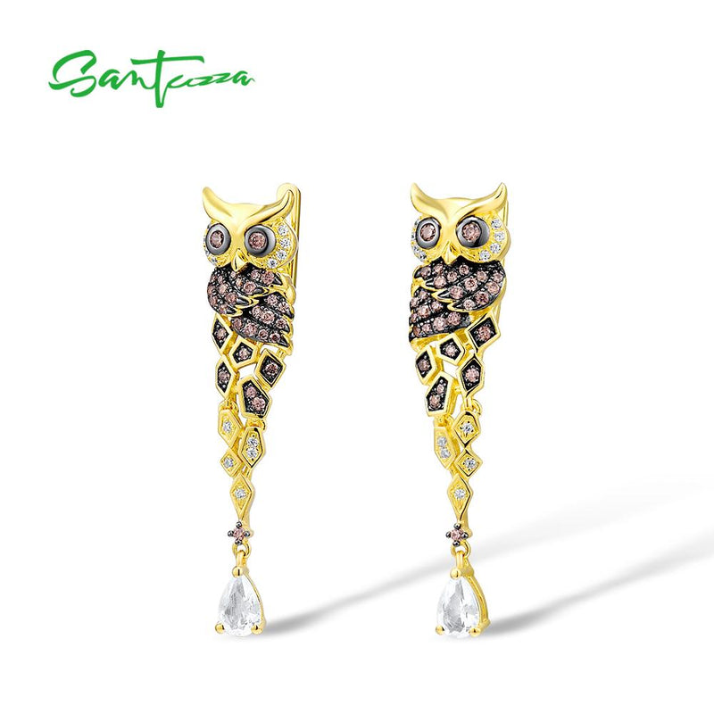 Pendientes de plata SANTUZZA para mujer, Plata de Ley 925, Color dorado, Chocolate brillante, CZ, pendientes creativos de gota de búho, joyería fina