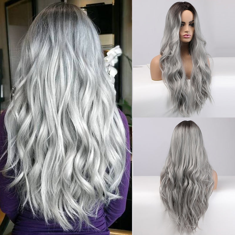 EASIHAIR Lange gewellte braune synthetische Perücken mit blonden Strähnchen Cosplay Naturhaarperücken Hochtemperaturfaser für schwarze Frauen