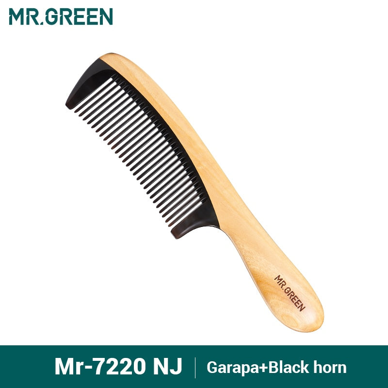 Peine MR.GREEN de madera Natural con estructura de empalme de cuerno, peine de pelo de dientes finos, cabeza antiestática, regalo de masaje de punto de acupuntura