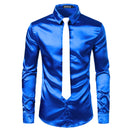 2 uds camisa de seda plateada + corbata para hombre satén suave esmoquin camisas Casual botón abajo hombres vestido camisas boda fiesta graduación Chemise Homme