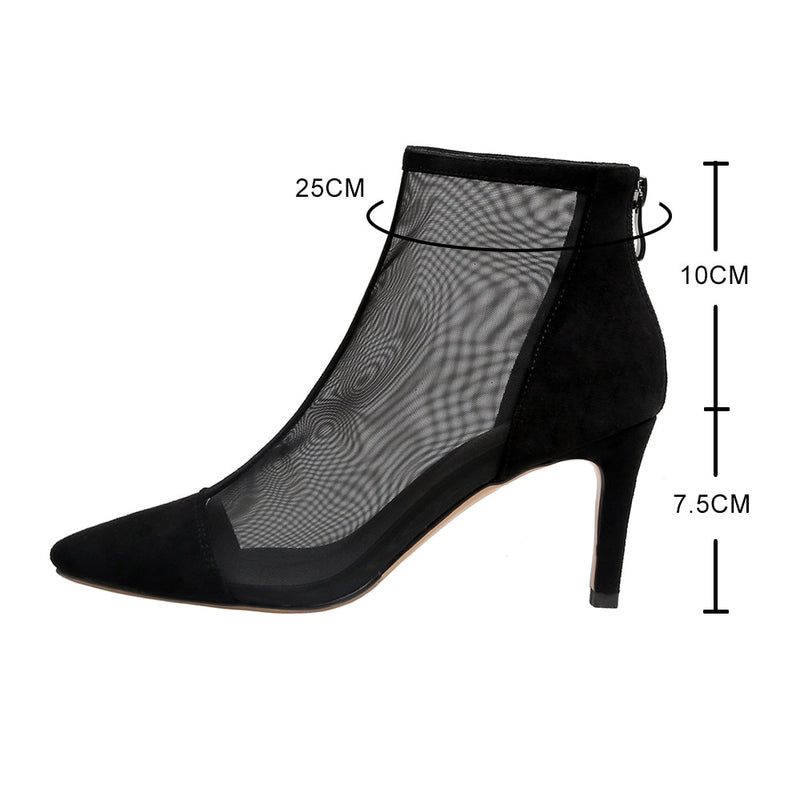 Sexy Mesh Boots Women Pointed Toe High Heels Woman&