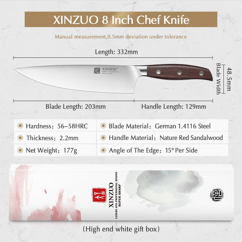 XINZUO 8'' Kochmesser Deutsch DIN 1.4116 Stahl Küchenmesser Edelstahl Fleisch Gemüsemesser Küche Roter Sandelholzgriff