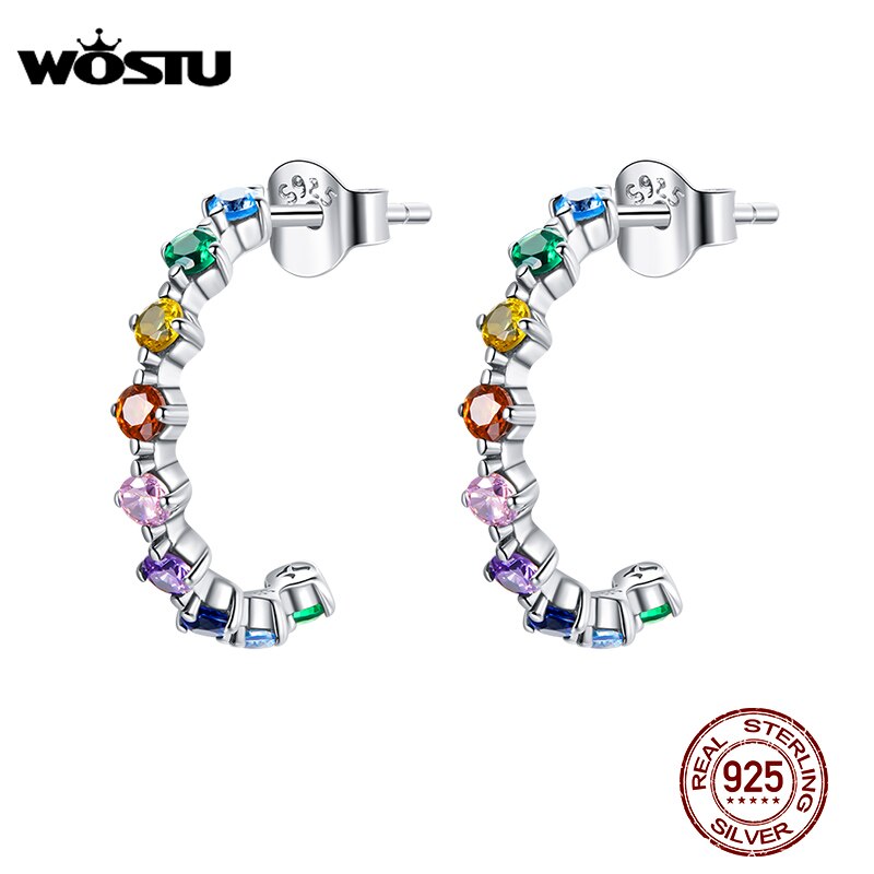 WOSTU Real 925 Sterling Silber Einfache Bunte Zirkonia Ohrstecker Regenbogen Ohrringe Für Frauen Mode Silber Schmuck CQE1014