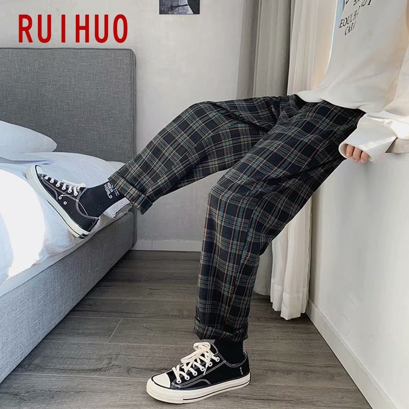 RUIHUO, pantalones bombachos a cuadros, pantalones para hombre, pantalones para correr, pantalones casuales para hombre, pantalones de chándal hasta el tobillo, ropa informal estilo Hip Hop, M-3XL de algodón 2022