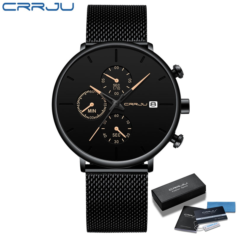 CRRJU Mens Watches Luxury Sport Wrist Watch Unique Design Stainless Steel Auto Date Mesh Strap Men Fashion Casual Quartz Watches