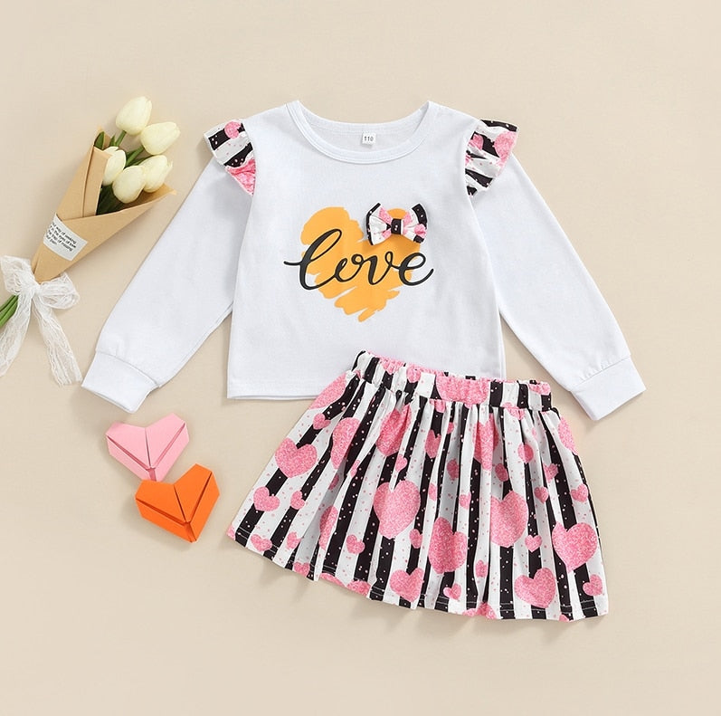 Neue Kleinkind Kinder Baby Mädchen Valentinstag Kleidung Langarm Liebe Herz Gedruckt Shirt Tops Tutu Rock 2 Stücke Outfits Set