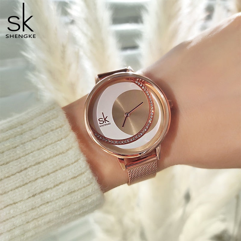 Reloj de cristal Shengke para mujer, relojes de vestir de marca de lujo para mujer, relojes de pulsera de cuarzo de diseño Original, reloj creativo para mujer