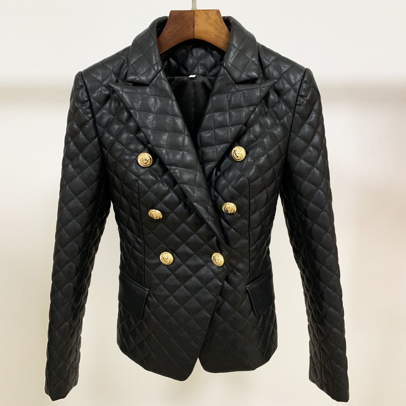 TOP QUALITÄT 2022 Neueste Designerjacke Damen Zweireiher Lion Buttons Grid Sewing Kunstleder-Blazer