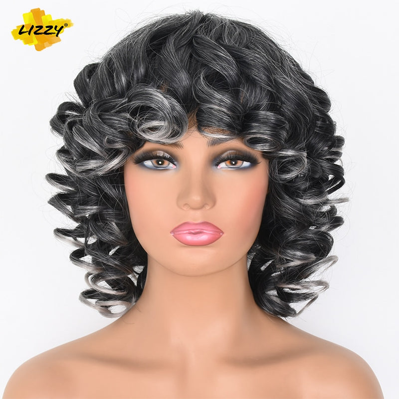 Kurzhaar-Afro-Lockenperücke mit Pony, lose, synthetische, flauschige, schulterlange, natürliche Perücken für schwarze Frauen, dunkelbraun, 35,6 cm