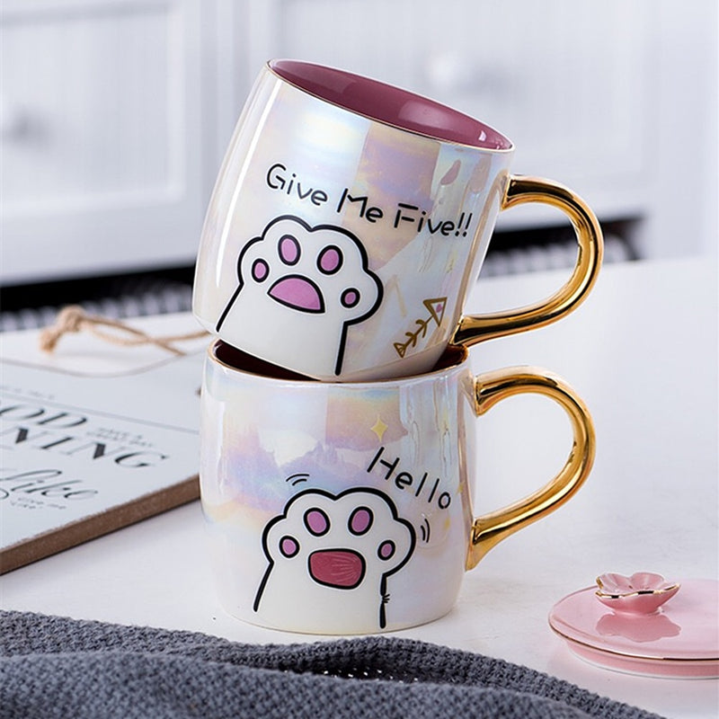 Taza de gato de cerámica de dibujos animados con tapa y cuchara, tazas de leche de café, taza de desayuno creativa bonita, regalo de cumpleaños de boda para el Día de San Valentín