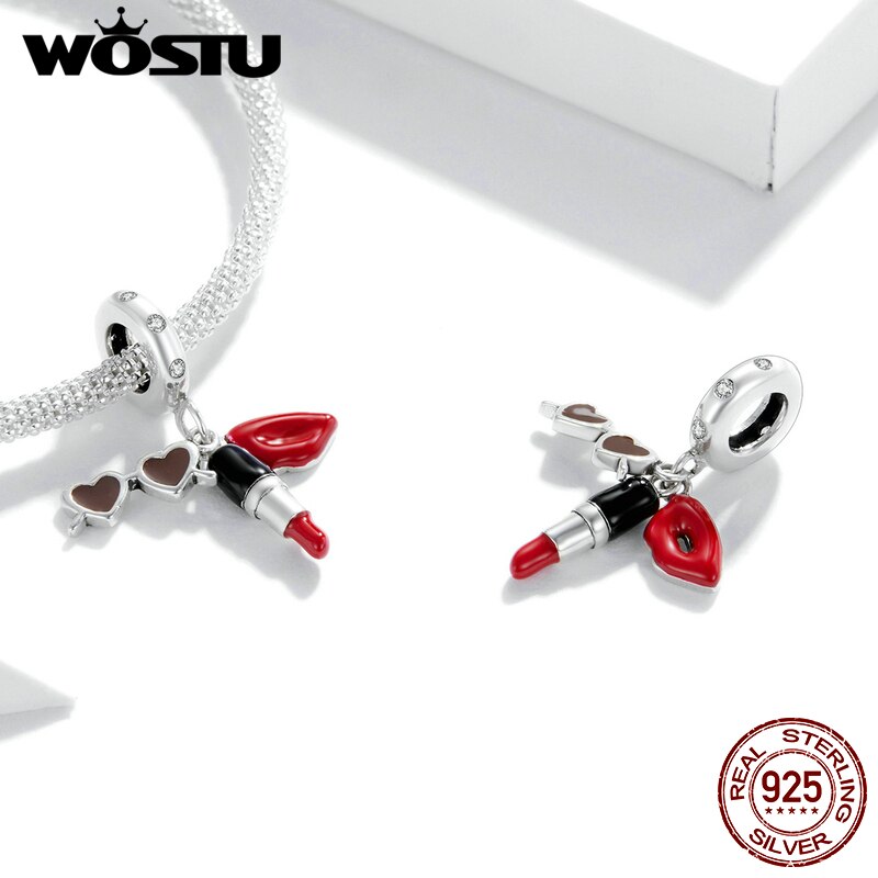 WOSTU Lipstick &amp; Sunglasses Charm 925 Sterling Silver CZ Enamel Bead Pendant Fit Original Bracelet DIY Necklace Jewelry CTC346