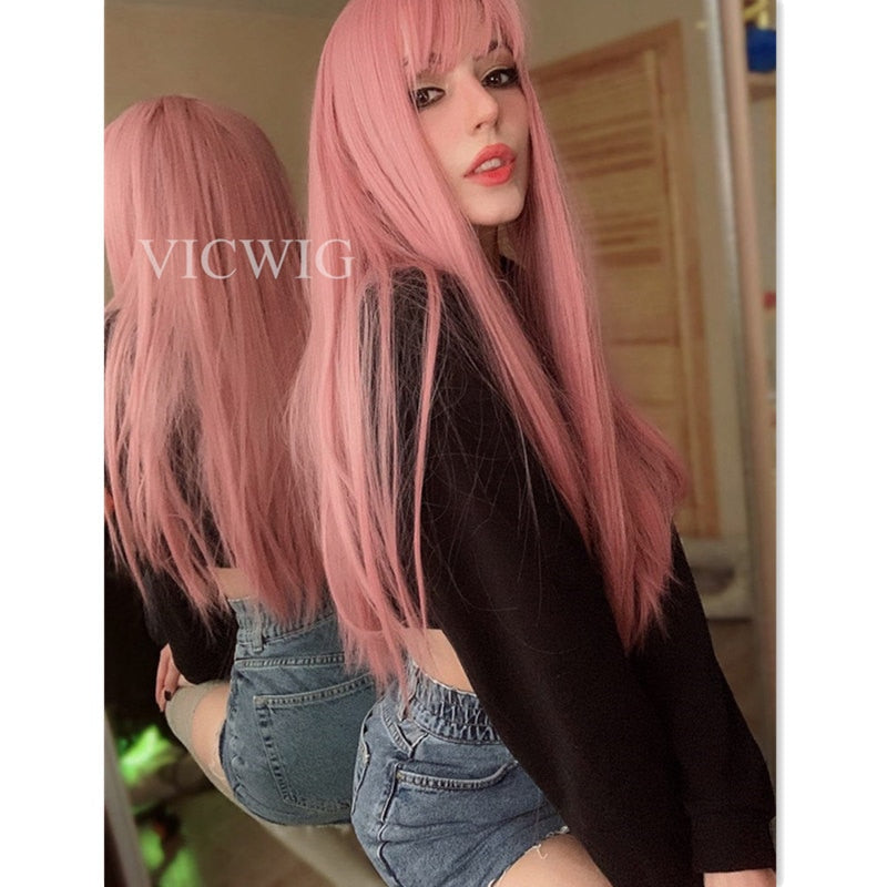 VICWIG Cosplay Wig With Bangs Synthetic Straight Hair 24 Inch Long Heat-Resistant Pink Wig For Women