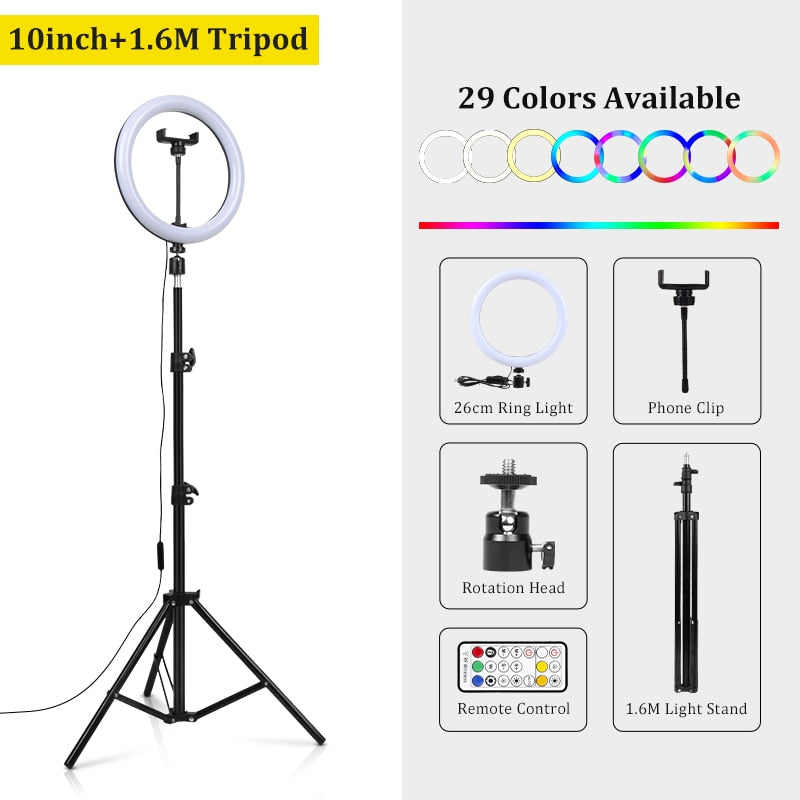 Anillo de luz Led RGB con soporte, iluminación colorida, 29 colores, 3 modos normales, Selfie regulable, anillo de luz de 10 pulgadas para vídeo de Youtube