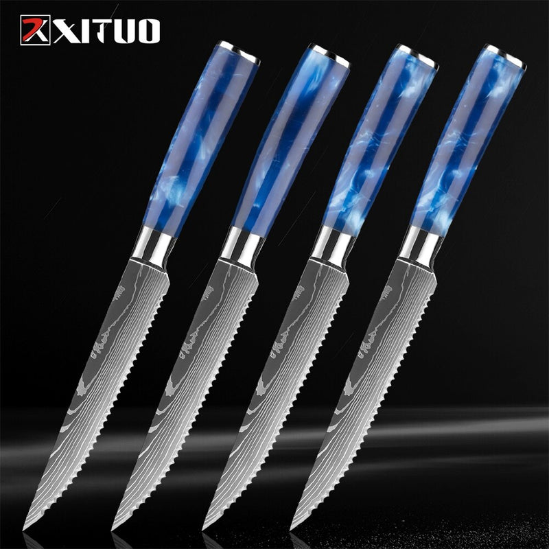 XITUO Steak Knife Set Damascus Pattern Stainless Steel Serrated Knife Beef Cleaver Multipurpose Restaurant Cutlery Table Knife