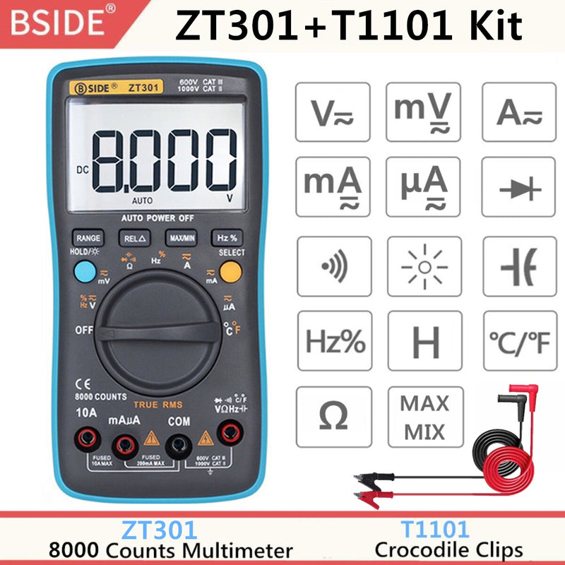 BSIDE ZT-X True RMS Digital Multimeter 3-Line Triple Display 9999 Counts AC/DC Voltage Temperature Capacitance Tester DMM ZT301