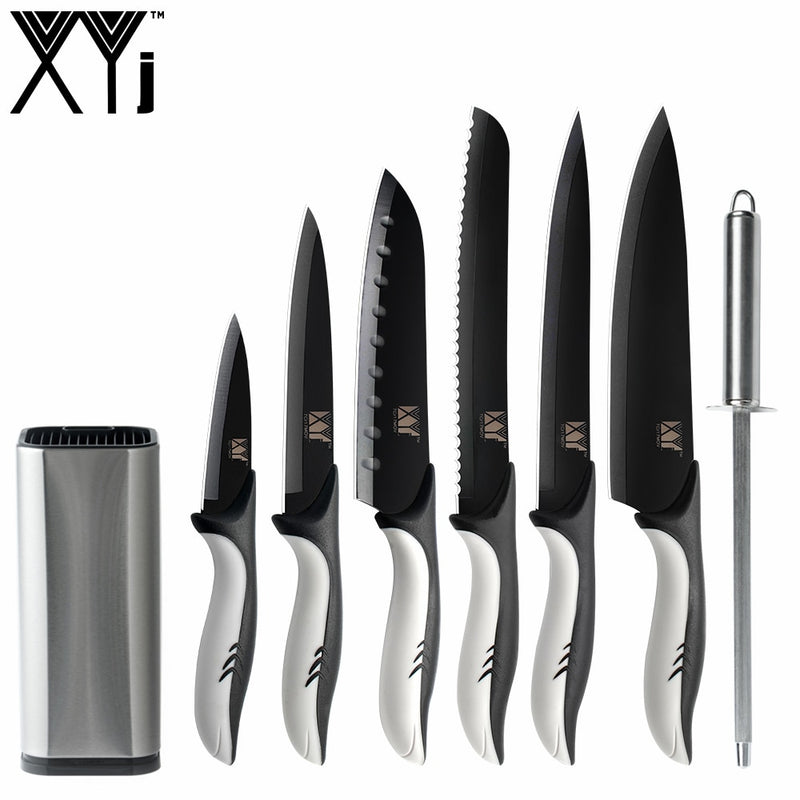 XYj 7pcs Kitchen Stainless Steel Knives Holder Sharpening Bar 8'' Chef Bread Slicing 7'' Santoku 5'' Utility 3.5'' Paring Knife