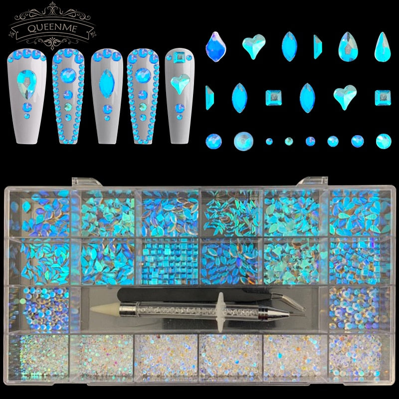 21 Grids Crystals Diamonds Nail Rhinestones Set 3100pcs FlatBack Rhinestones Kit Sparkling Nail Art With 1 Pen For Decorations
